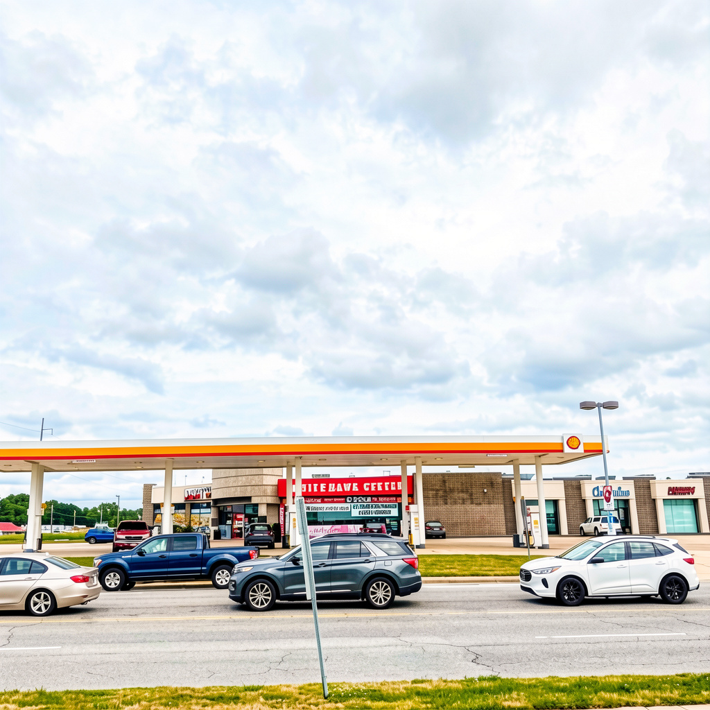 A professional architectural photograph of a gas station